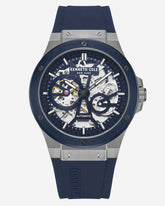 Automatic Two-Tone Gunmetal Stainless Steel Watch with Blue Leather Strap