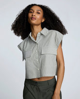 Cotton Poplin Stripe Sleeveless Crop Button Front Top