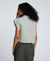 Cotton Poplin Stripe Sleeveless Crop Button Front Top