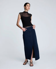 Denim Fly Front 4-Pocket Maxi Skirt With Fray Hem