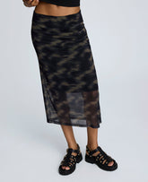 Printed Mesh Pull-On Side Ruched Midi Skirt