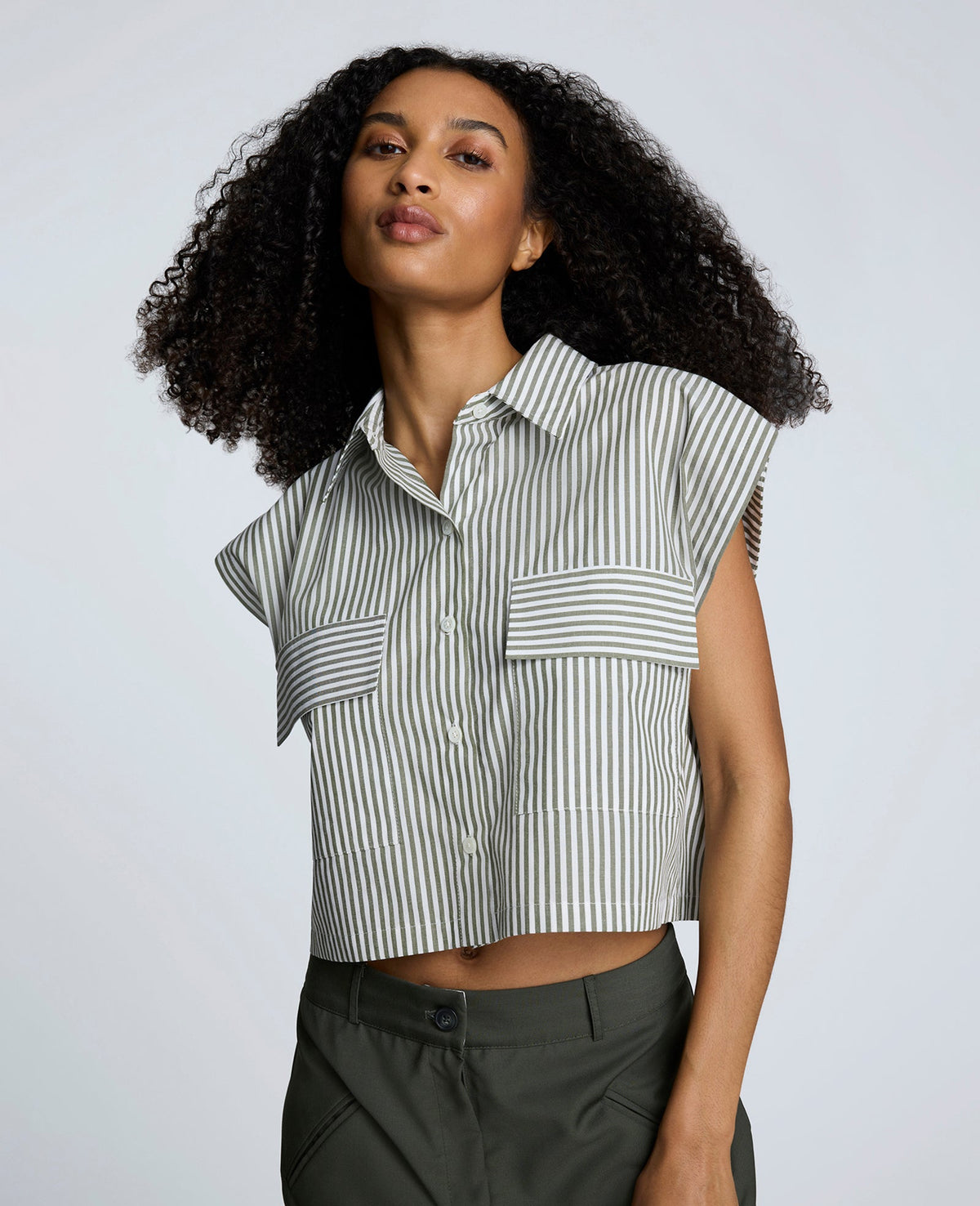 Cotton Poplin Stripe Sleeveless Crop Button Front Top