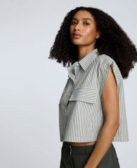 Cotton Poplin Stripe Sleeveless Crop Button Front Top