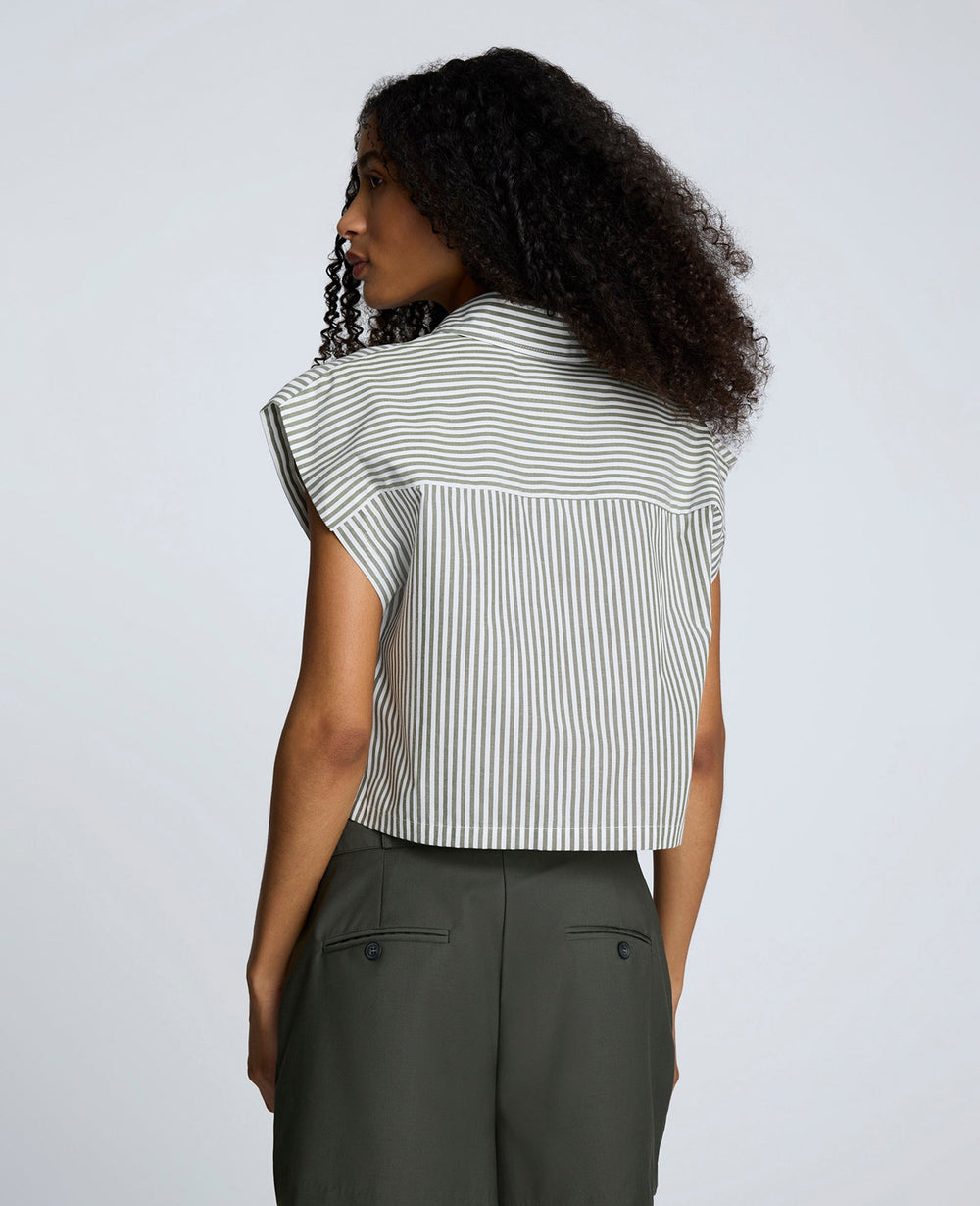 Cotton Poplin Stripe Sleeveless Crop Button Front Top