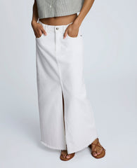 Denim Fly Front 4-Pocket Maxi Skirt With Fray Hem