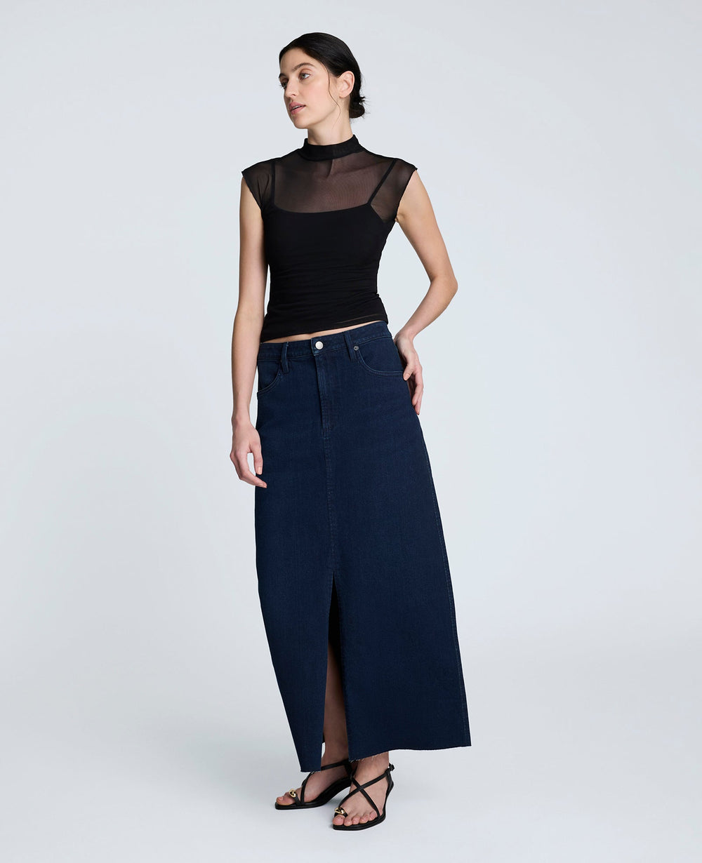 Denim Fly Front 4-Pocket Maxi Skirt With Fray Hem