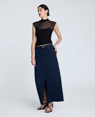 Denim Fly Front 4-Pocket Maxi Skirt With Fray Hem