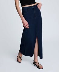 Denim Fly Front 4-Pocket Maxi Skirt With Fray Hem