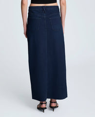 Denim Fly Front 4-Pocket Maxi Skirt With Fray Hem