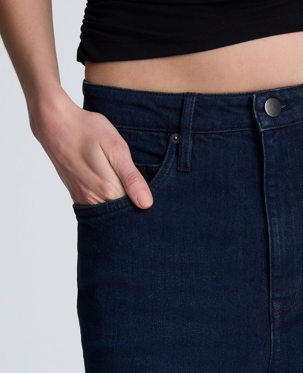 Denim Fly Front 4-Pocket Maxi Skirt With Fray Hem