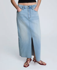 Denim Fly Front 4-Pocket Maxi Skirt With Fray Hem