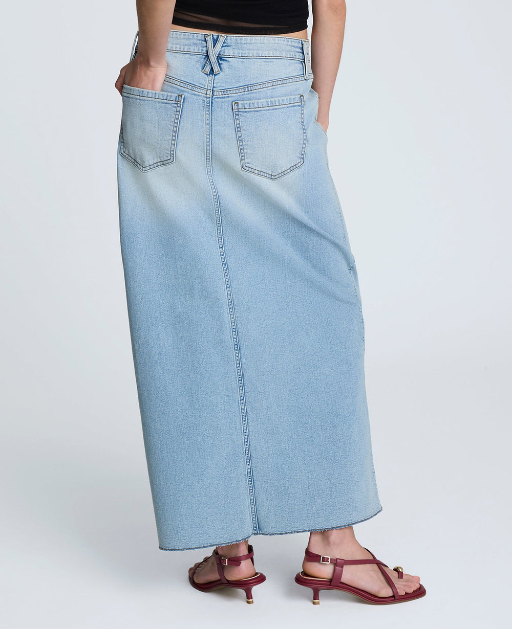 Denim Fly Front 4-Pocket Maxi Skirt With Fray Hem