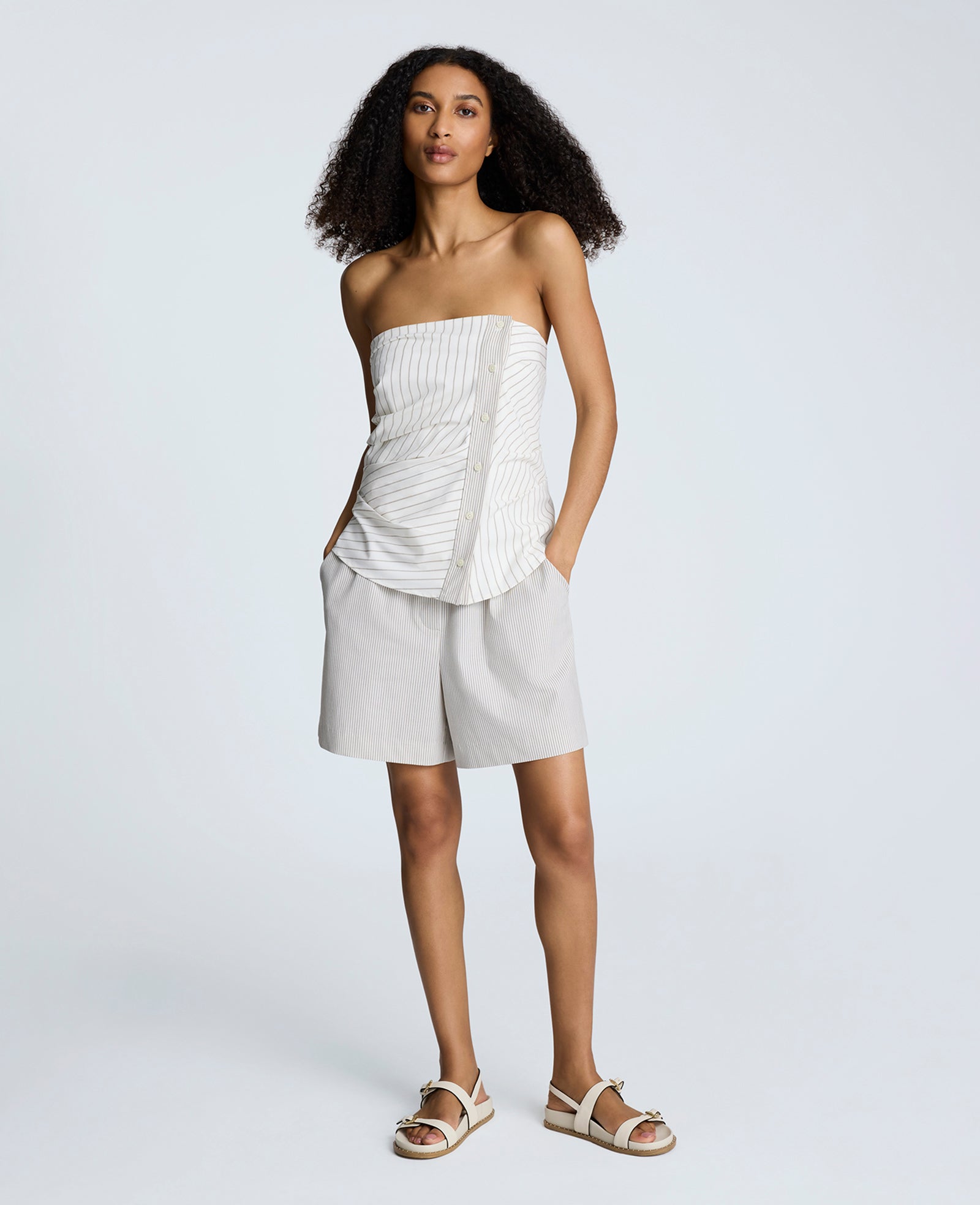 Cotton Stripe Strapless Rouched Fitted Bustier Top