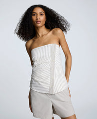 Cotton Stripe Strapless Rouched Fitted Bustier Top